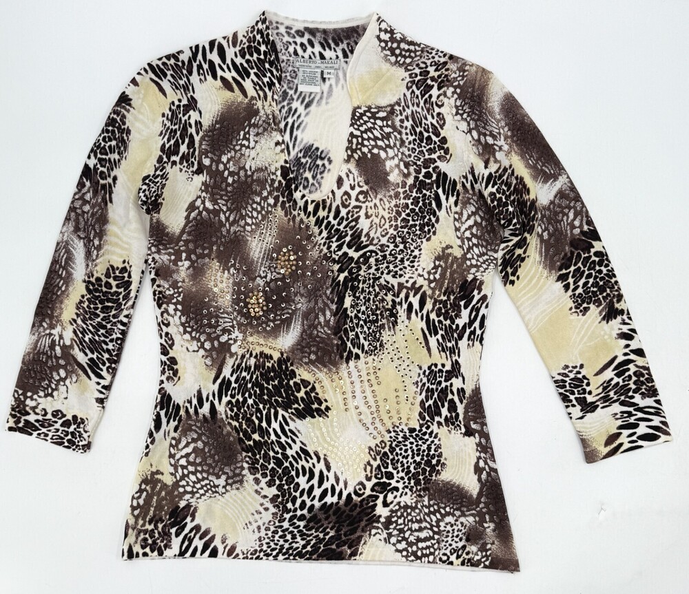 Alberto Makali Shirt Womens Medium Blouse Brown Sequin Long Sleeve